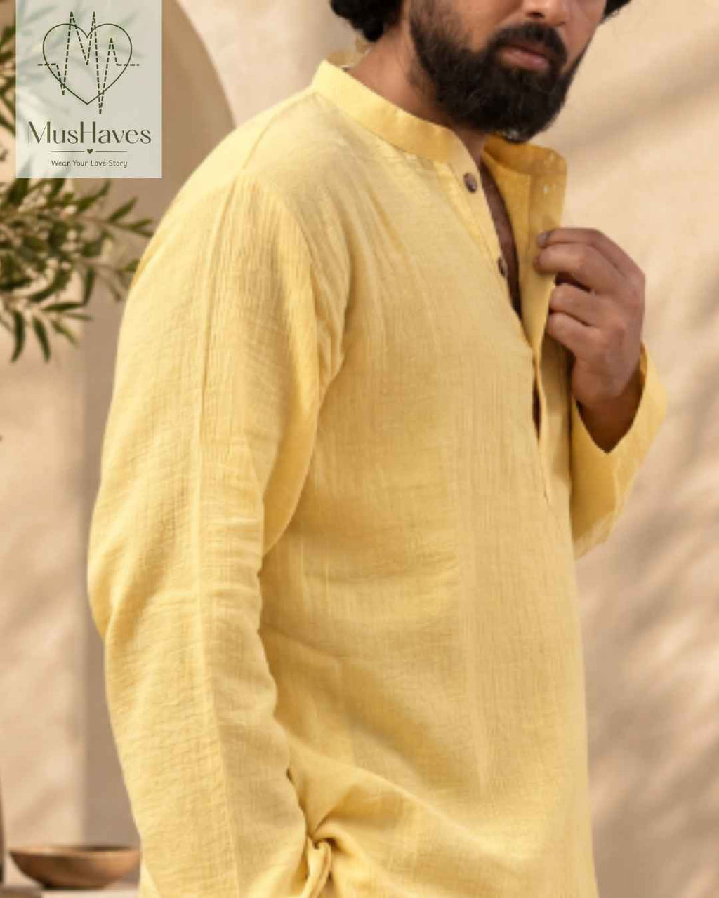 Festive Muslin Bandhgala Long Kurta – Yellow