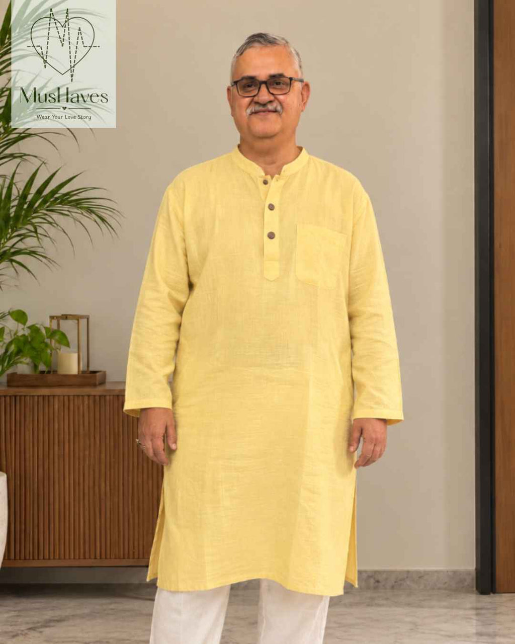 Festive Muslin Bandhgala Long Kurta – Yellow