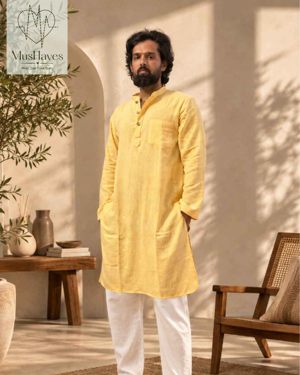 Festive Muslin Bandhgala Long Kurta – Yellow