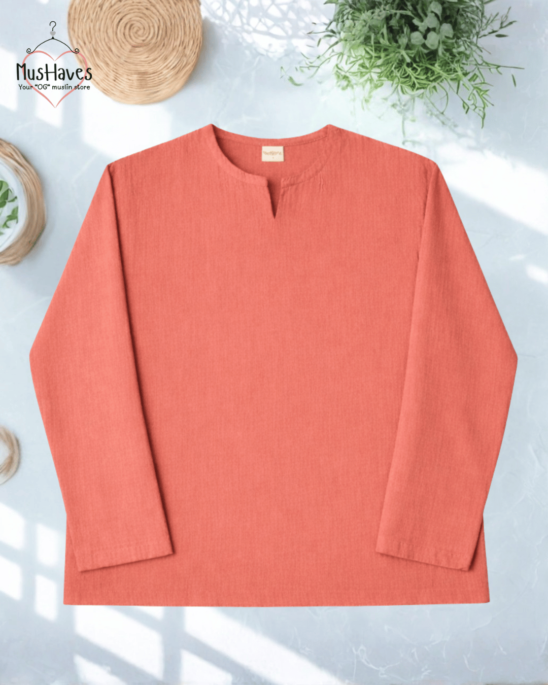 Premium Mulmul Musli Tee | Slit Round Neck | 100% Organic Cotton | Unisex | Mushaves Classic | Melon Pulp