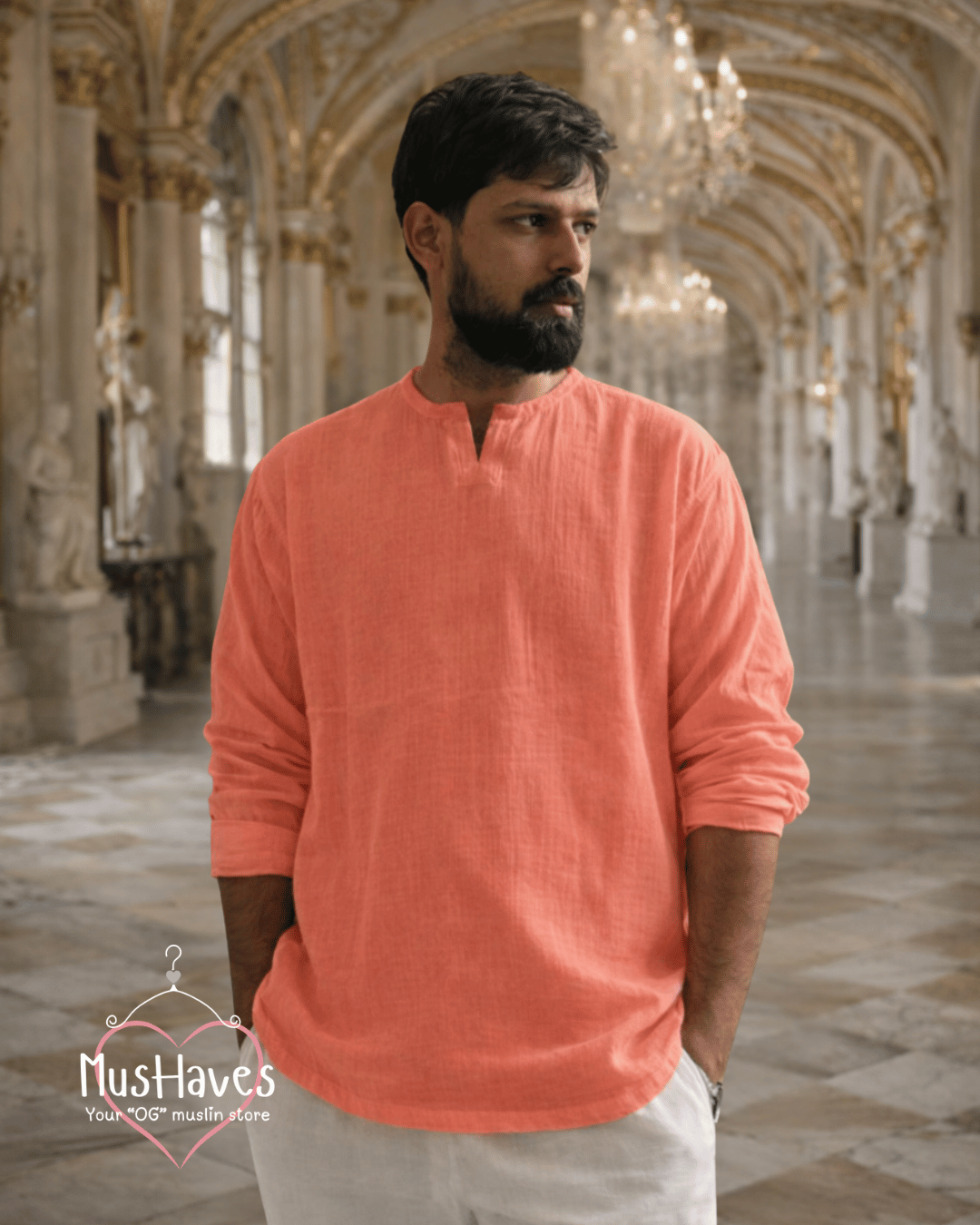 Premium Mulmul Musli Tee | Slit Round Neck | 100% Organic Cotton | Unisex | Mushaves Classic | Melon Pulp