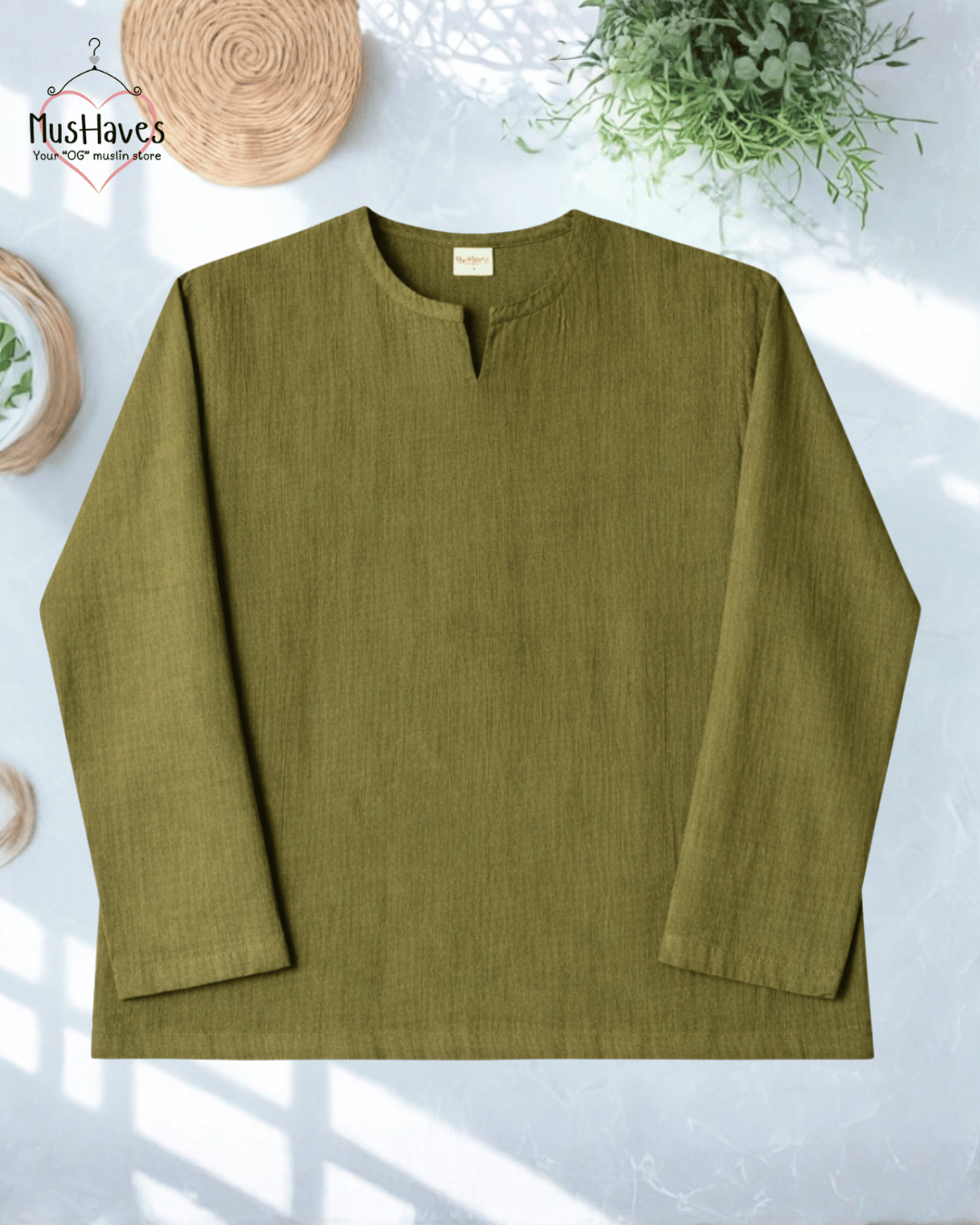 Premium Mulmul Musli Tee | Slit Round Neck | 100% Organic Cotton | Unisex | Mushaves Classic | Olive Green