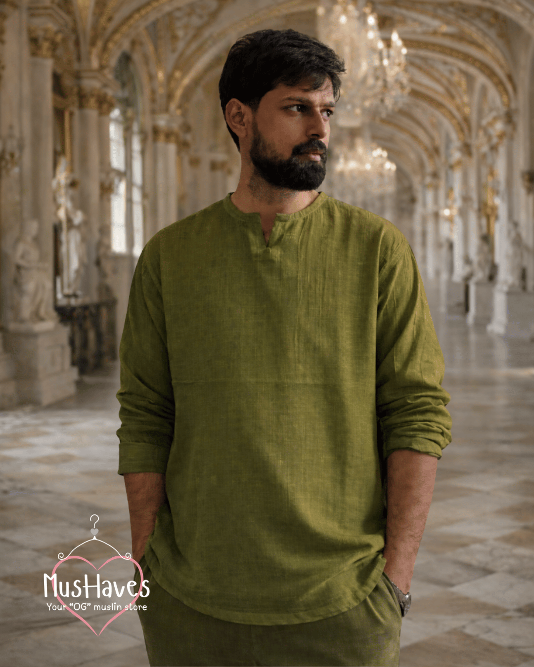 Premium Mulmul Musli Tee | Slit Round Neck | 100% Organic Cotton | Unisex | Mushaves Classic | Olive Green