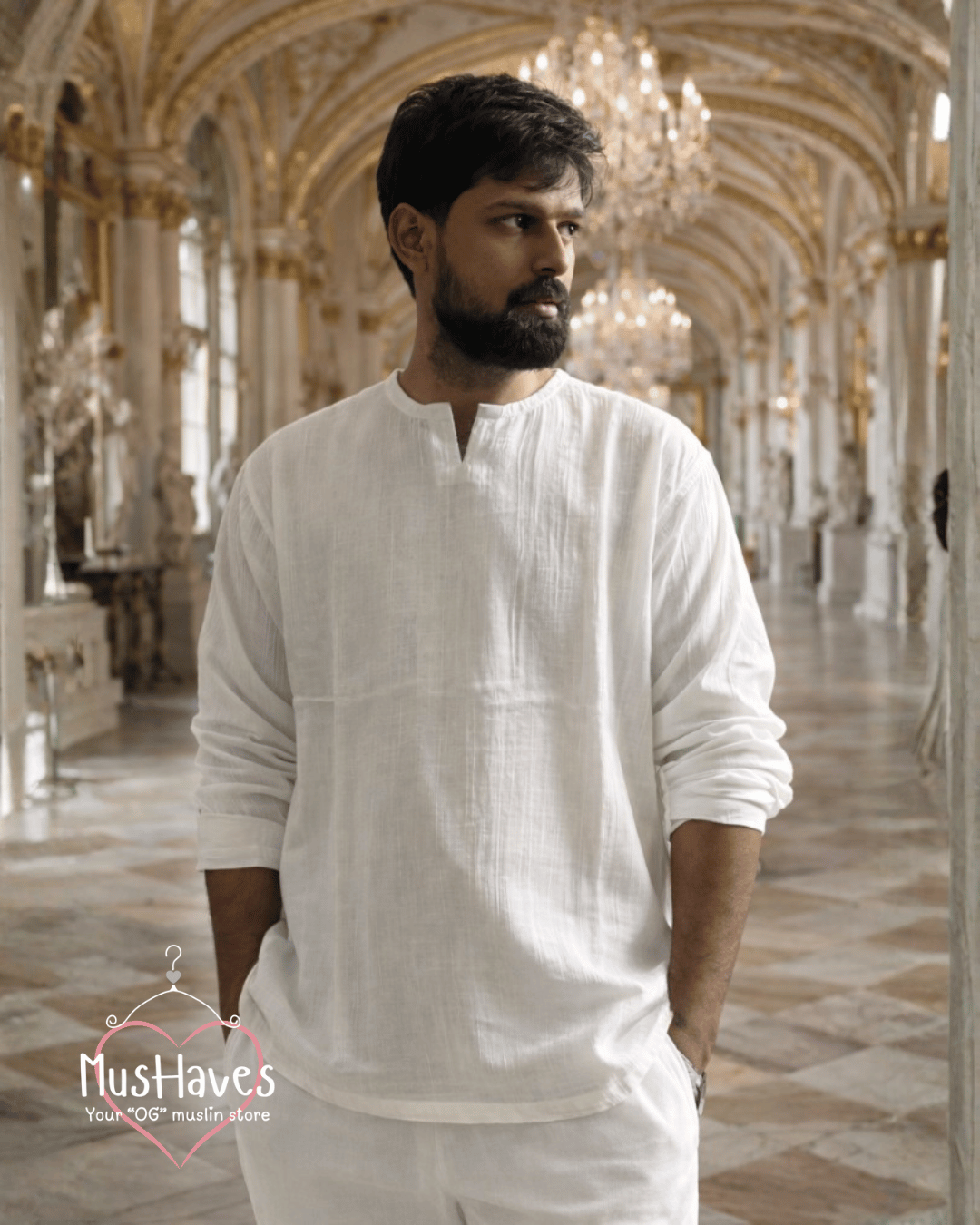 Premium Mulmul Musli Tee | Slit Round Neck | 100% Organic Cotton | Unisex | Mushaves Classic | Pearl White