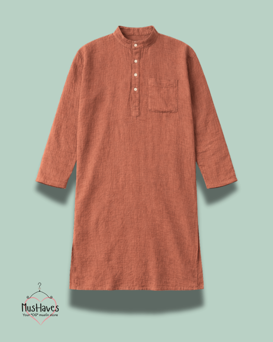 Premium Mulmul Long Kurta | 100% Organic Cotton | Men | Mushaves Classic | Terracotta Brown