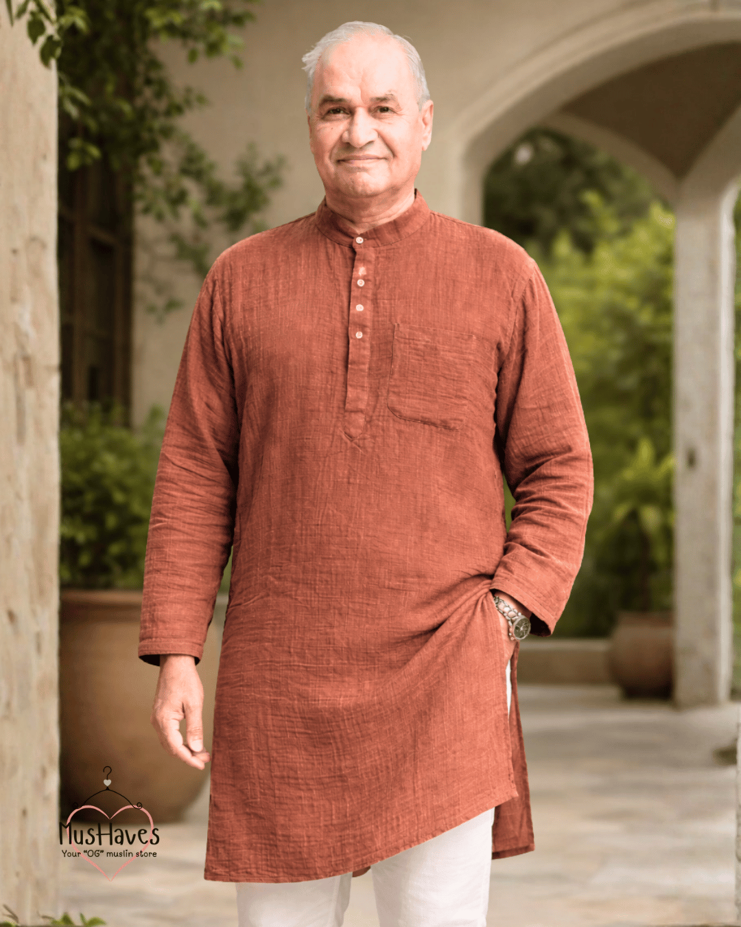 Premium Mulmul Long Kurta | 100% Organic Cotton | Men | Mushaves Classic | Terracotta Brown