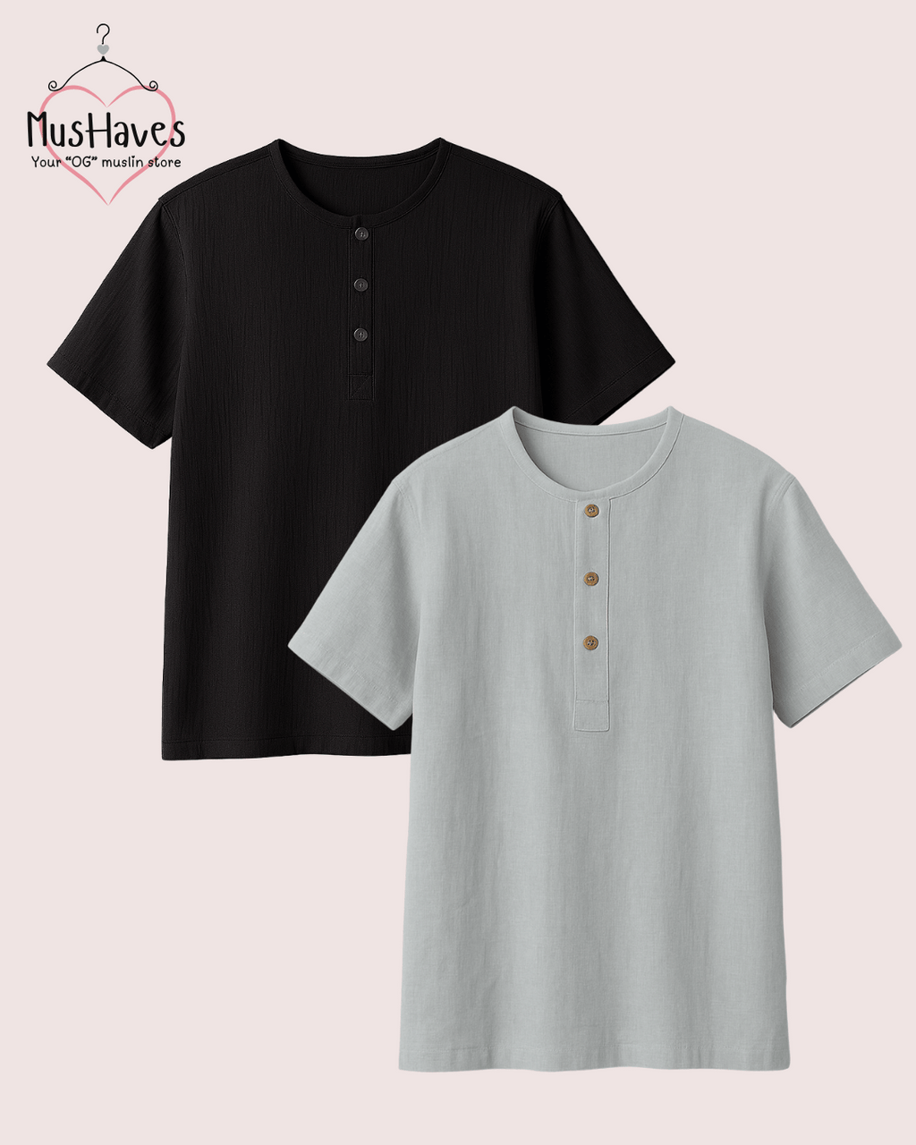 Unisex Organic Cotton Muslin T-Shirt – 100% Double Gauze, Loose Fit, Breathable Black + Grey Tee