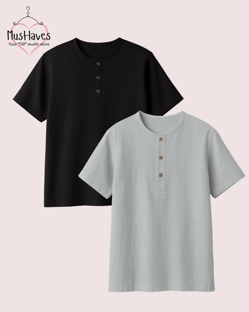 Unisex Organic Cotton Muslin T-Shirt – 100% Double Gauze, Loose Fit, Breathable Black + Grey Tee