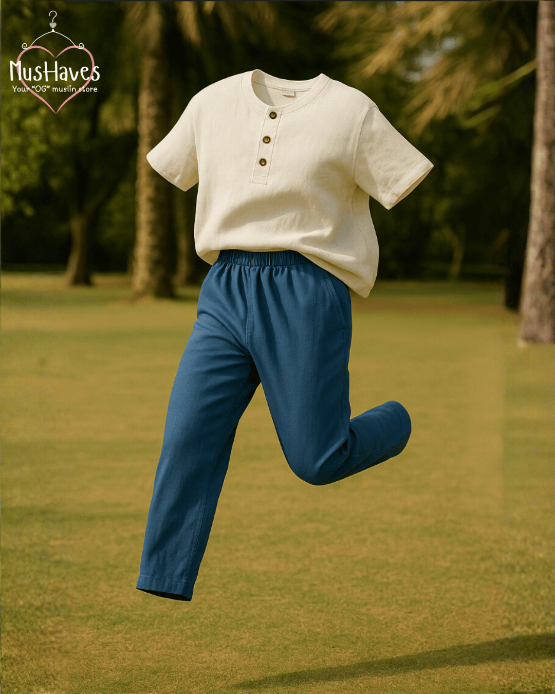 Premium Muslin Combo set | Teeshirt + Bottoms | Pearl White + Deep Blue