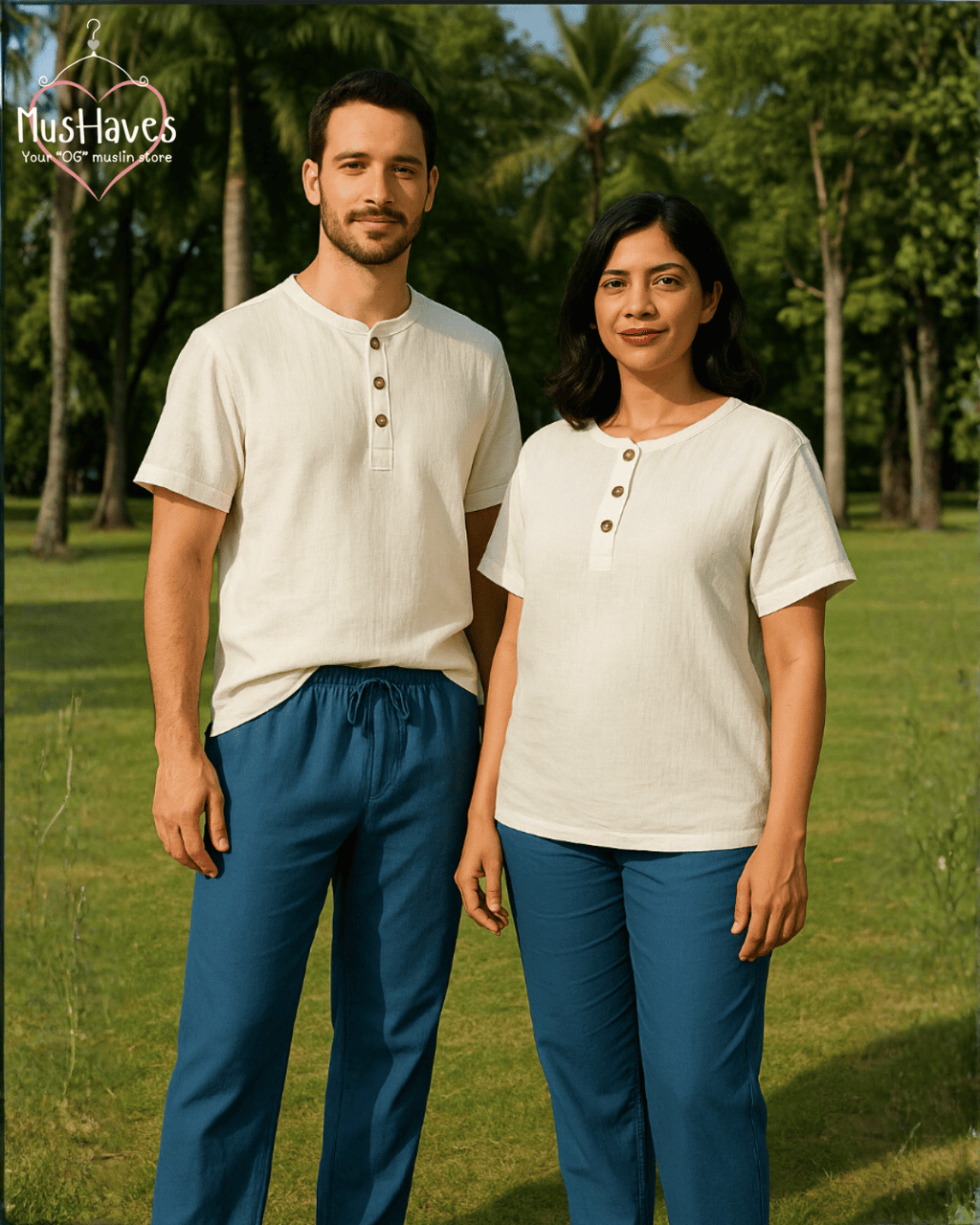 Premium Muslin Combo set | Teeshirt + Bottoms | Pearl White + Deep Blue