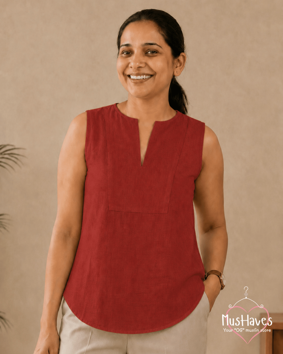 Muslin Sleeveless Formal Top – Maroon