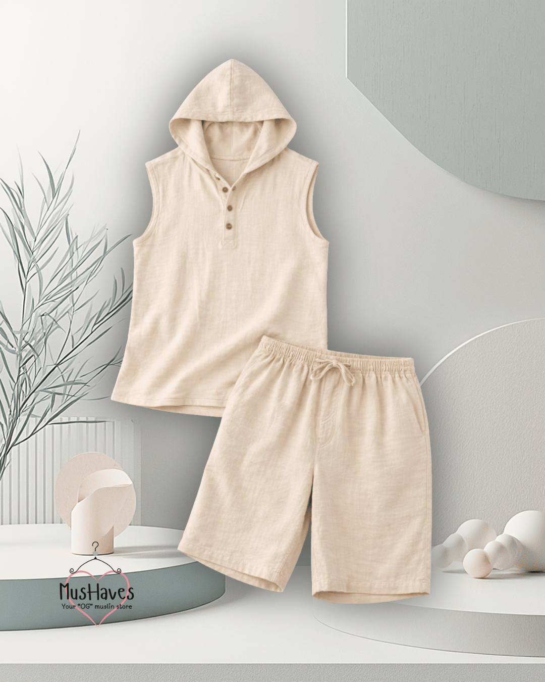 Indian Mulmul Muslin Co-Ord Set Crafted in Organic Cotton | Premium Sleeveless Hoodie & Shorts | Beige