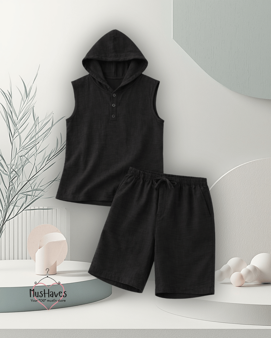 Indian Mulmul Muslin Co-Ord Set Crafted in Organic Cotton | Premium Sleeveless Hoodie & Shorts | Charcoal Black