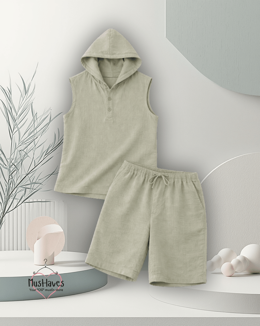 Indian Mulmul Muslin Co-Ord Set Crafted in Organic Cotton | Premium Sleeveless Hoodie & Shorts | Greenish Grey