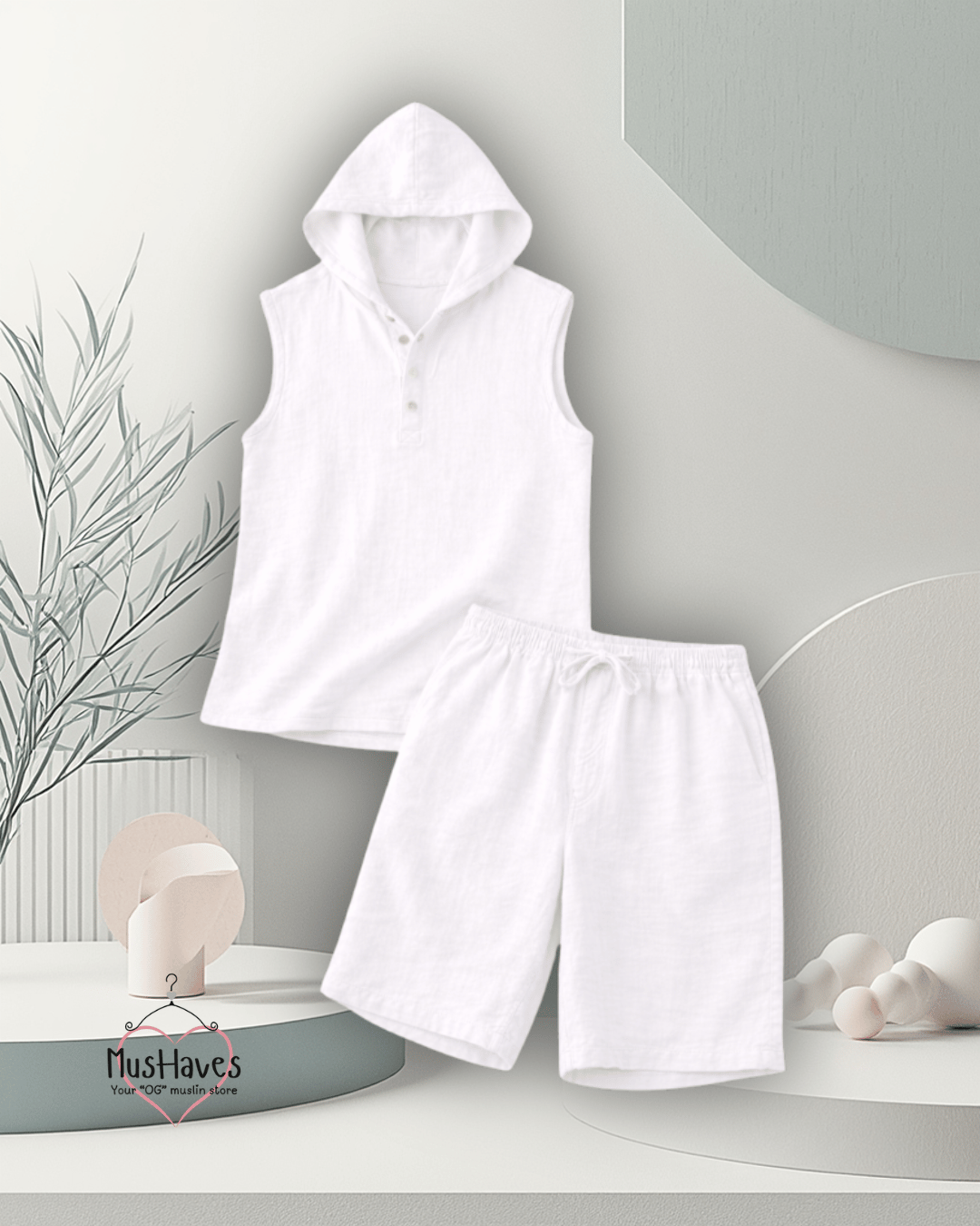 Indian Mulmul Muslin Co-Ord Set Crafted in Organic Cotton | Premium Sleeveless Hoodie & Shorts | Pearl White
