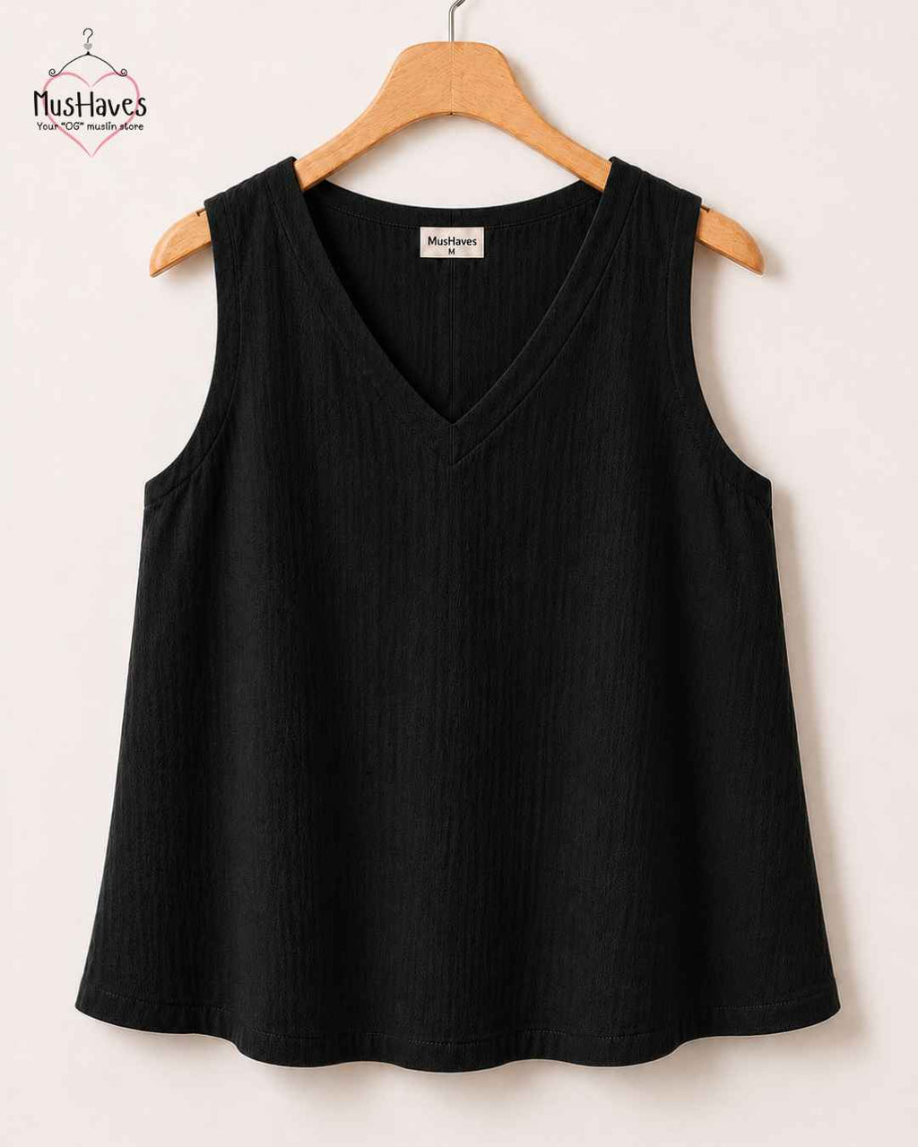 Breezy Muslin A Line V Neck Cut Sleeves Top – Charcoal Black