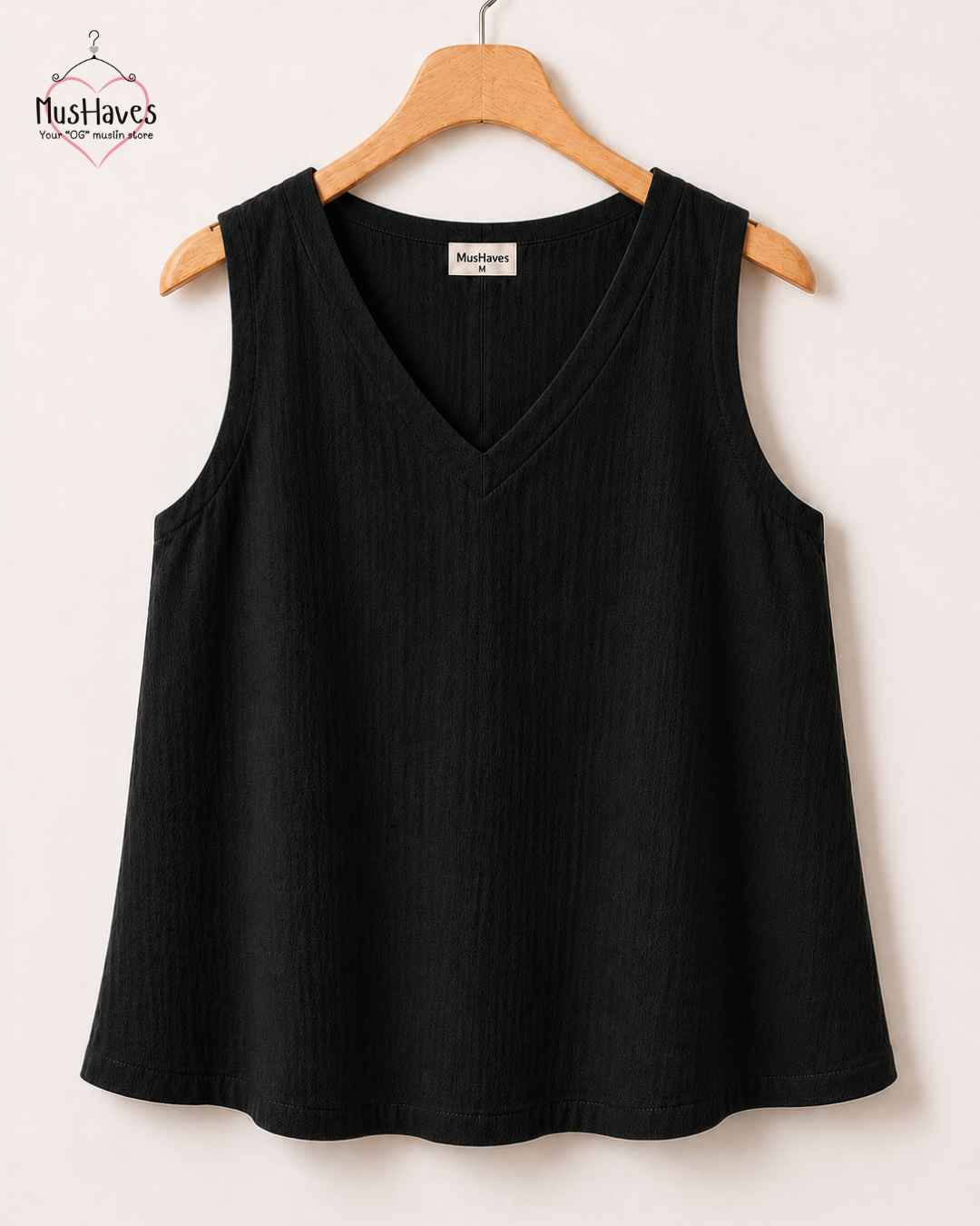 Breezy Muslin A Line V Neck Cut Sleeves Top – Charcoal Black