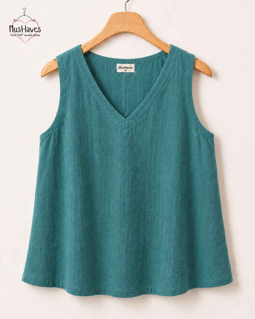 Breezy Muslin A Line V Neck Cut Sleeves Top – Rust Blue