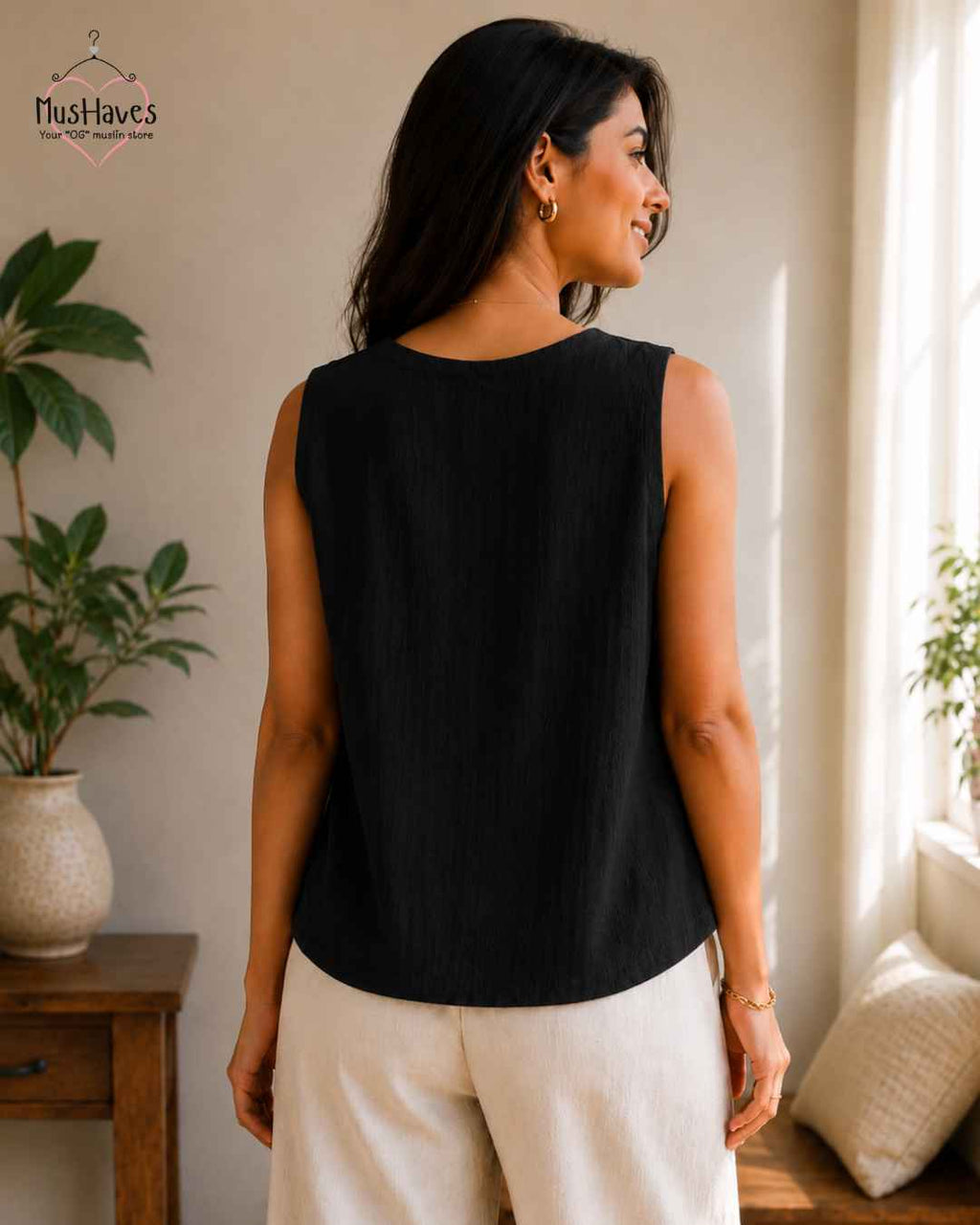 Breezy Muslin A Line V Neck Cut Sleeves Top – Charcoal Black