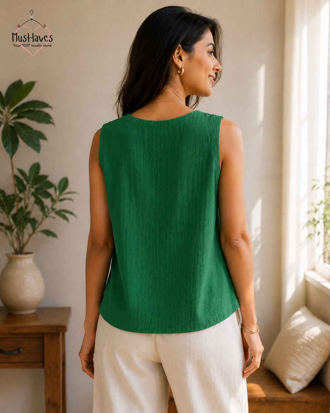Breezy Muslin A Line V Neck Cut Sleeves Top – Parrort Green