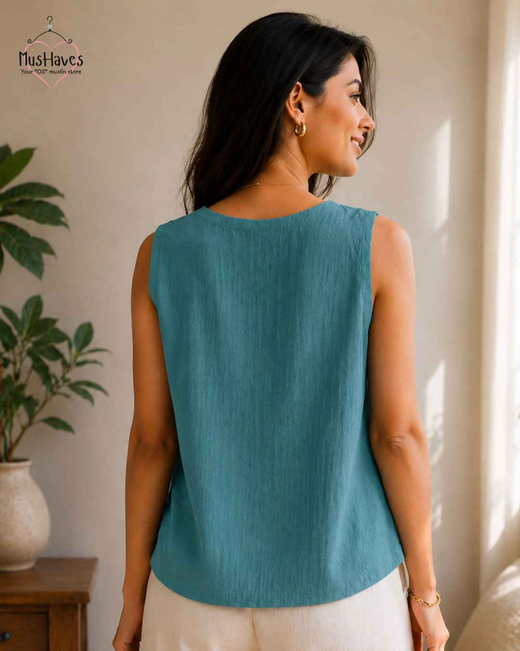 Breezy Muslin A Line V Neck Cut Sleeves Top – Rust Blue