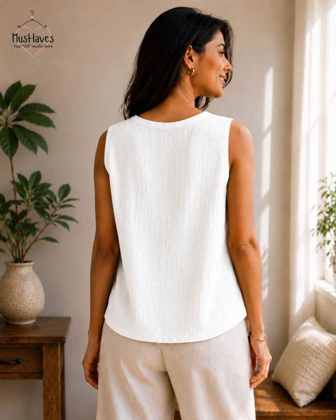 Breezy Muslin A Line V Neck Cut Sleeves Top – Pearl White