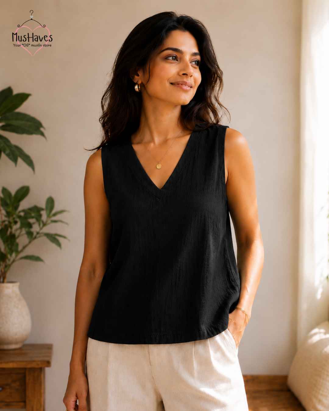 Breezy Muslin A Line V Neck Cut Sleeves Top – Charcoal Black