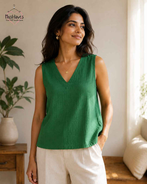 Breezy Muslin A Line V Neck Cut Sleeves Top – Parrort Green