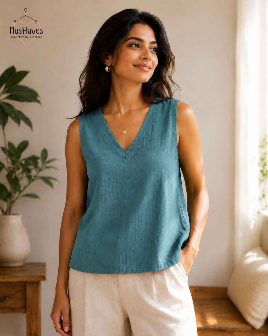 Breezy Muslin A Line V Neck Cut Sleeves Top – Rust Blue
