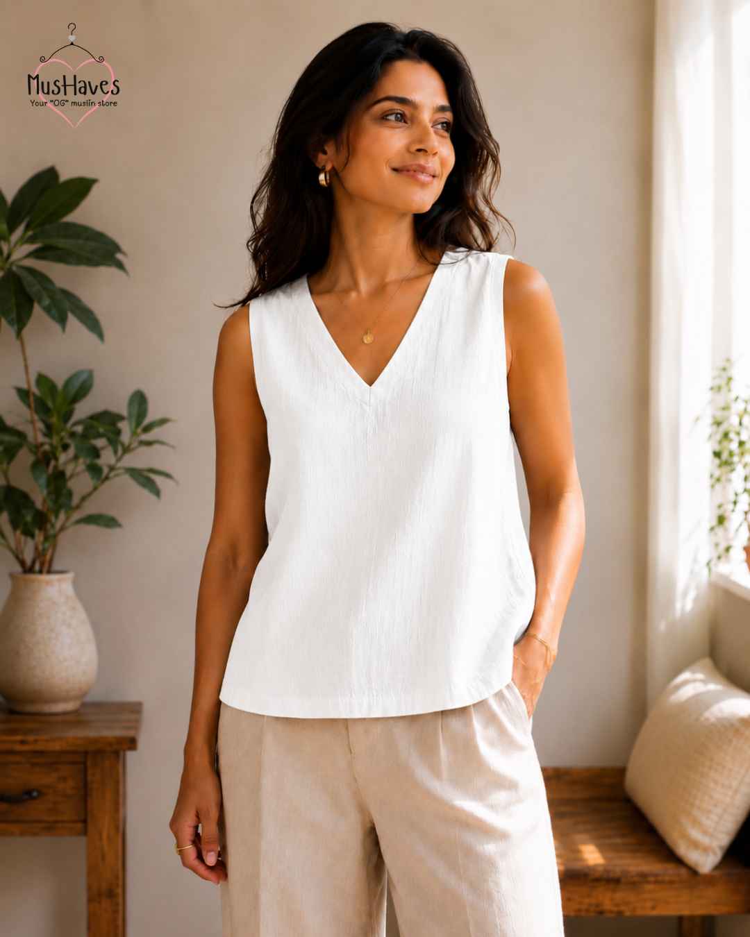 Breezy Muslin A Line V Neck Cut Sleeves Top – Pearl White
