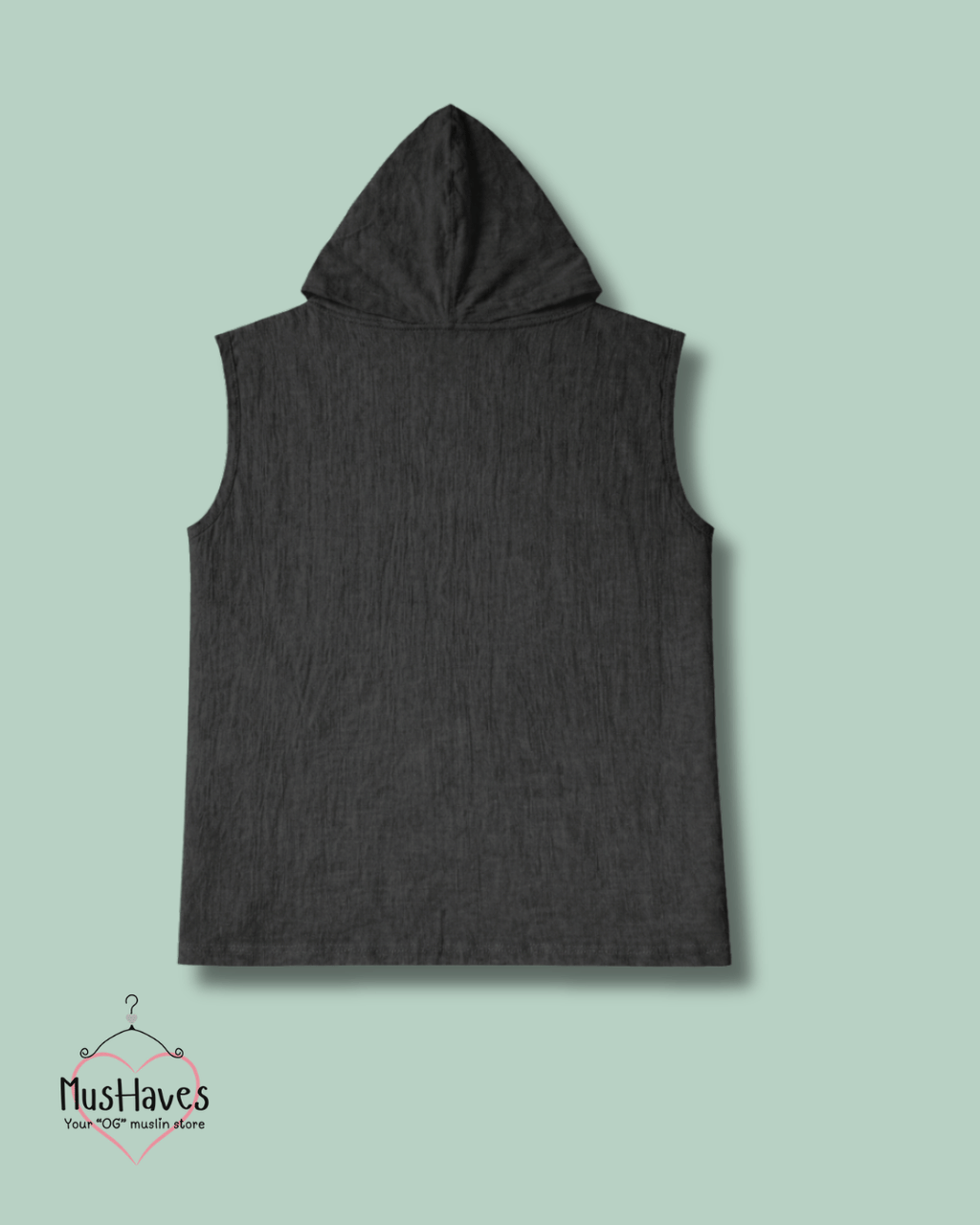 Muslin Cut Sleeve Pullover Hoodie & Shorts Coord – Charcoal Black