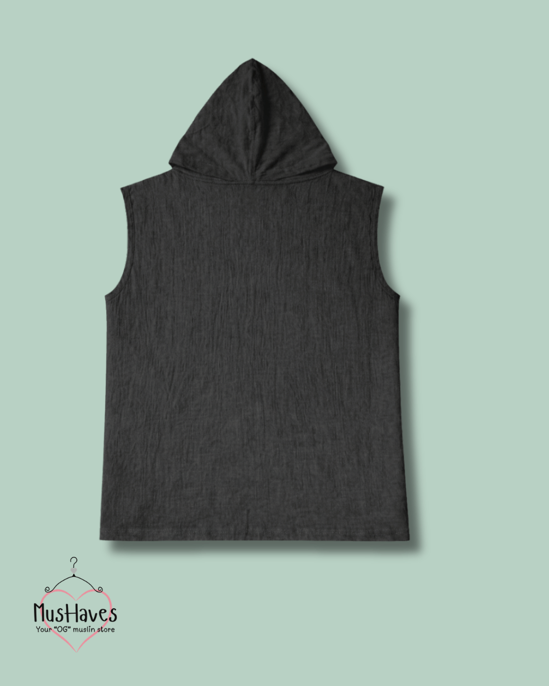 Muslin Cut Sleeve Pullover Hoodie & Shorts Coord – Charcoal Black