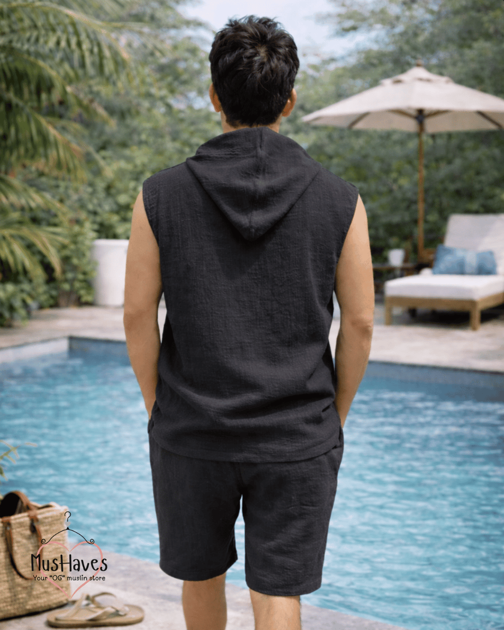 Muslin Cut Sleeve Pullover Hoodie & Shorts Coord – Charcoal Black
