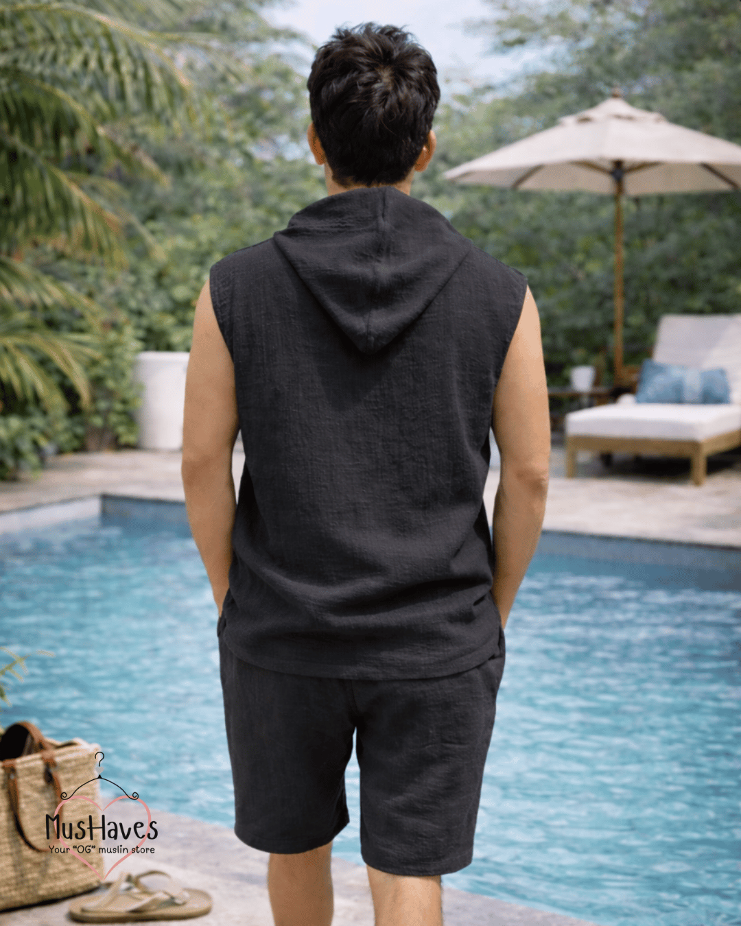 Muslin Cut Sleeve Pullover Hoodie & Shorts Coord – Charcoal Black