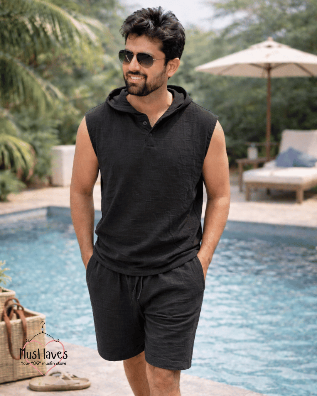 Muslin Cut Sleeve Pullover Hoodie & Shorts Coord – Charcoal Black