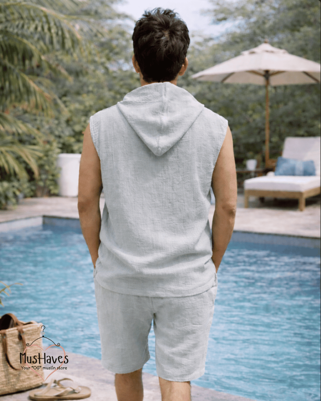 Muslin Cut Sleeve Pullover Hoodie & Shorts Coord – Sage Grey
