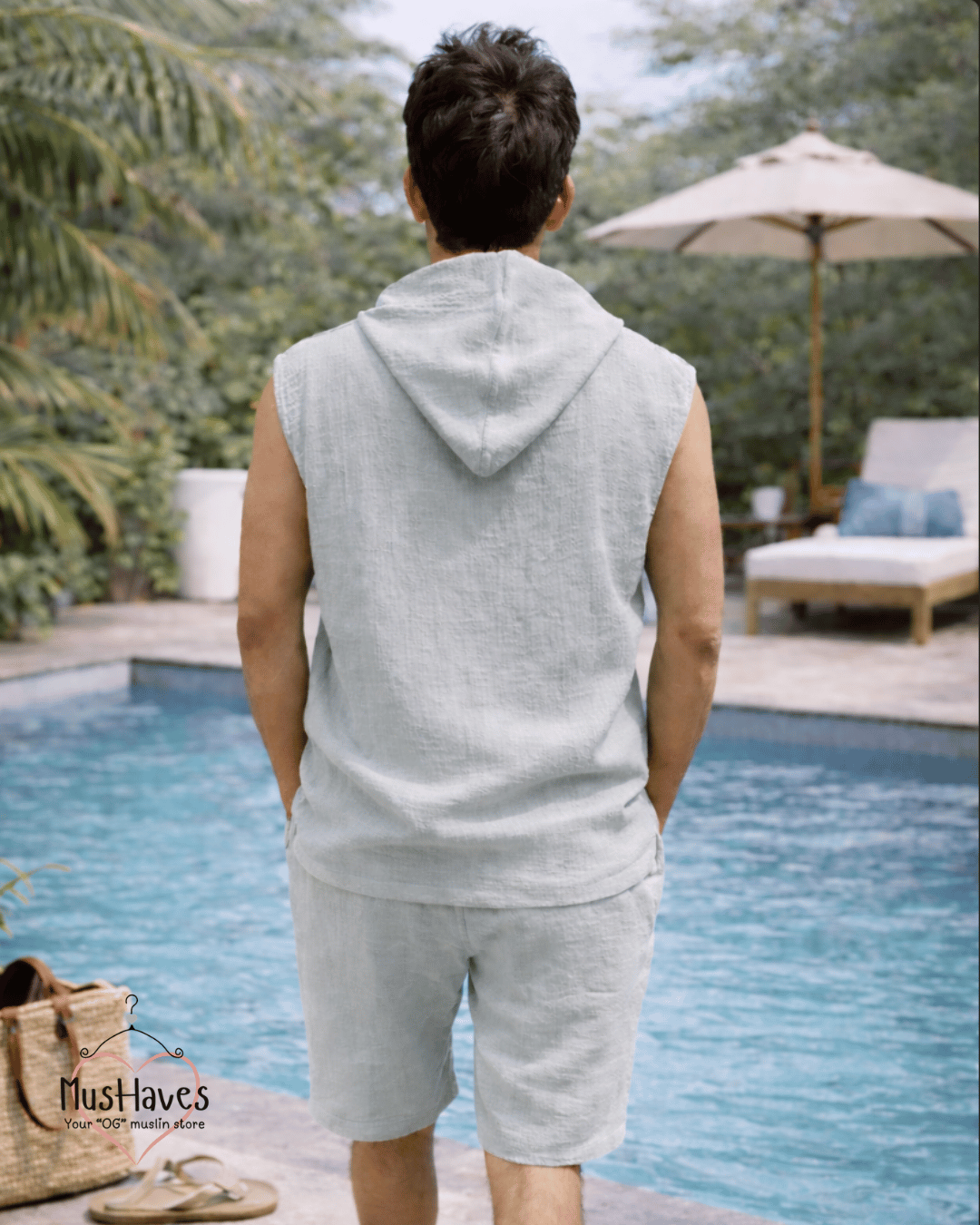 Muslin Cut Sleeve Pullover Hoodie & Shorts Coord – Sage Grey
