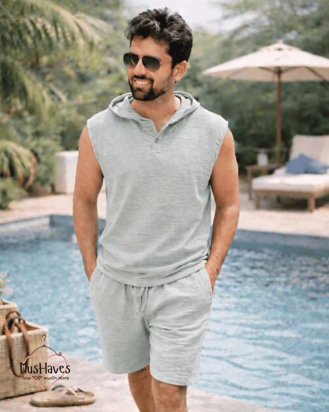 Muslin Cut Sleeve Pullover Hoodie & Shorts Coord – Sage Grey