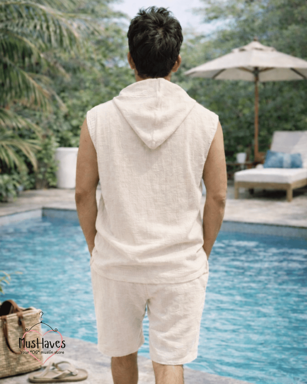 Muslin Cut Sleeve Pullover Hoodie & Shorts Coord – Beige