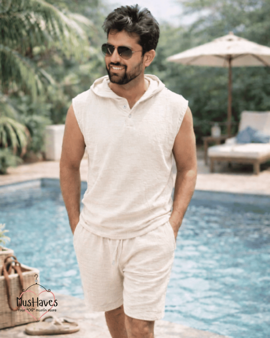 Muslin Cut Sleeve Pullover Hoodie & Shorts Coord – Beige
