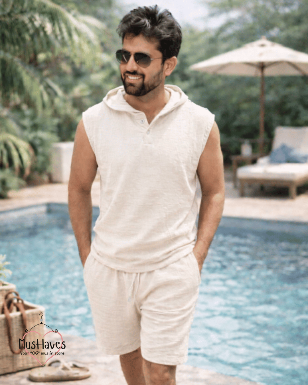Muslin Cut Sleeve Pullover Hoodie & Shorts Coord – Beige