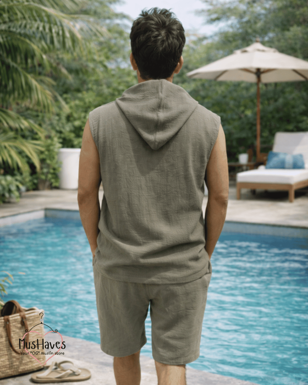 Muslin Cut Sleeve Pullover Hoodie & Shorts Coord – Olive Green