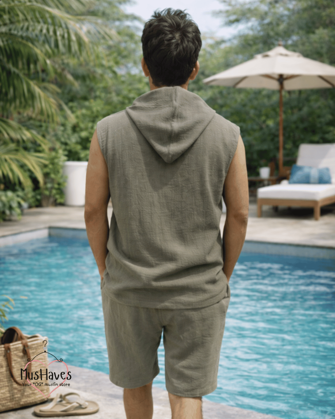 Muslin Cut Sleeve Pullover Hoodie & Shorts Coord – Olive Green