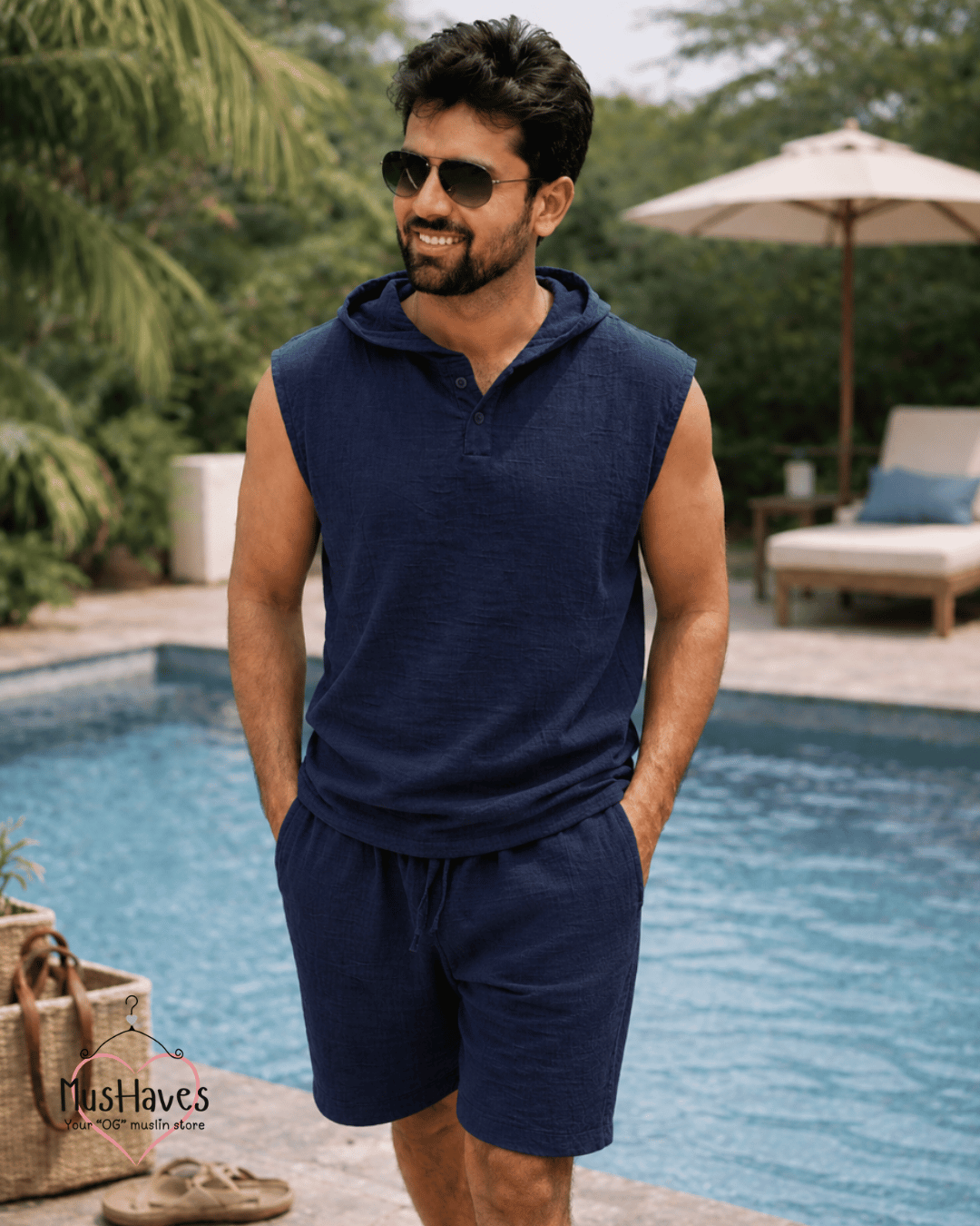 Muslin Cut Sleeve Pullover Hoodie & Shorts Coord – Royal Blue
