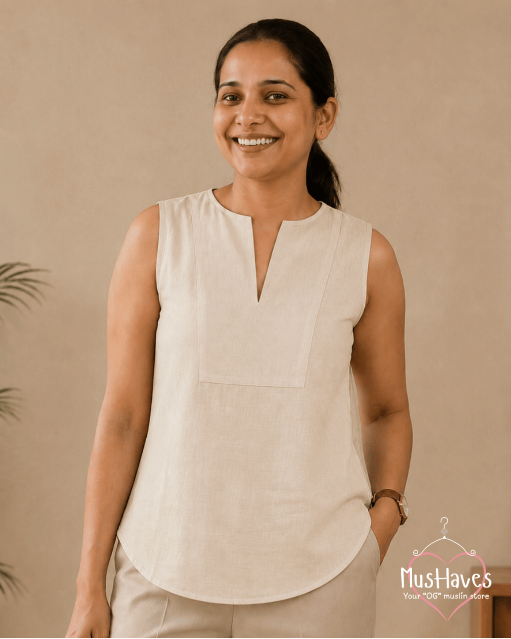 Muslin Sleeveless Formal Top – Beige
