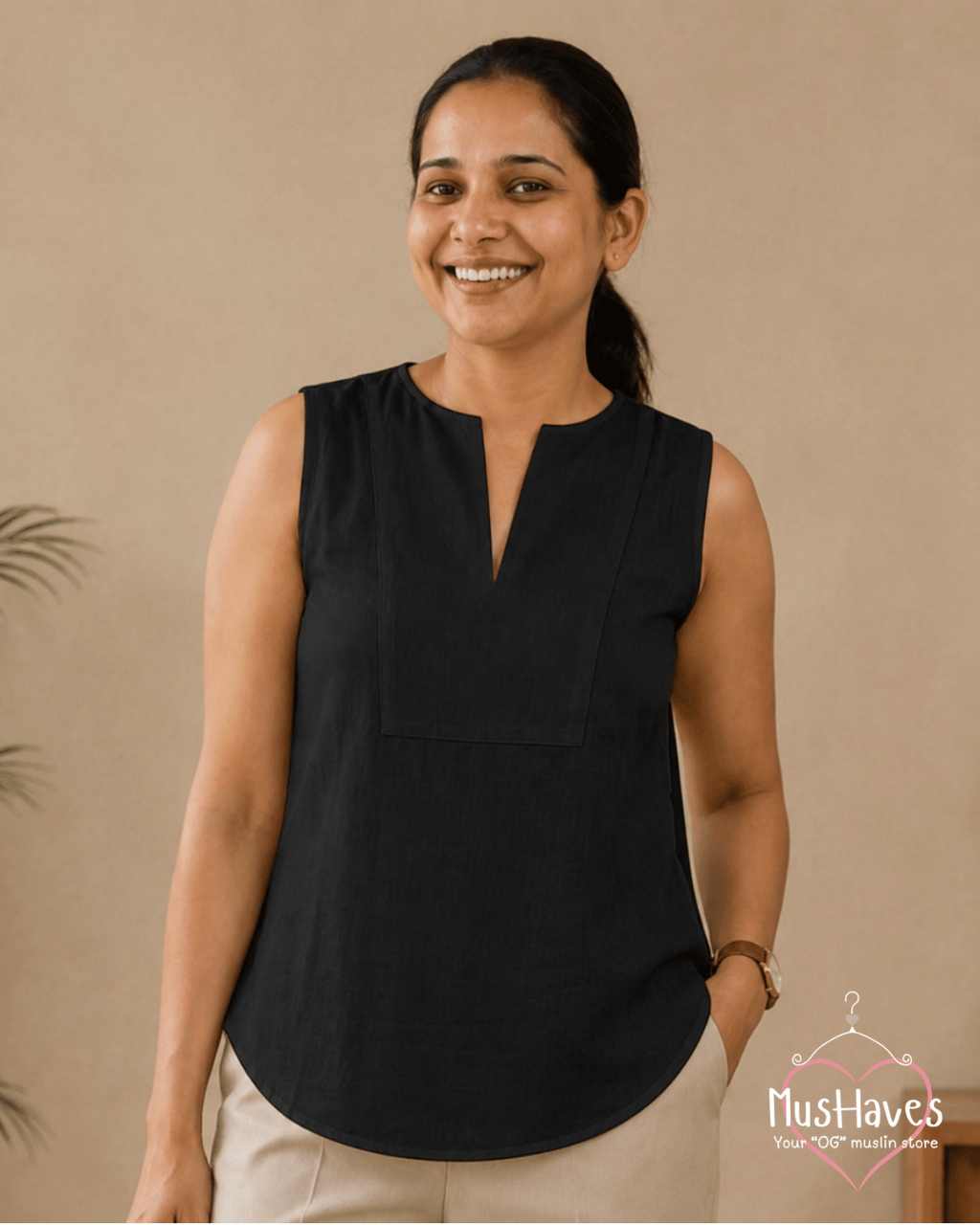 Muslin Sleeveless Formal Top – Charcoal Black