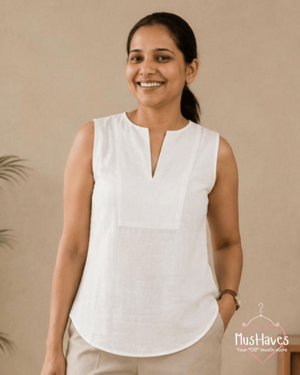 Muslin Sleeveless Formal Top – Pearl White