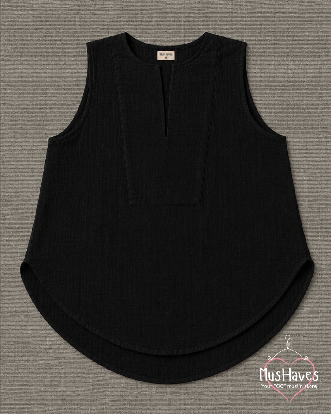 Muslin Sleeveless Formal Top – Charcoal Black