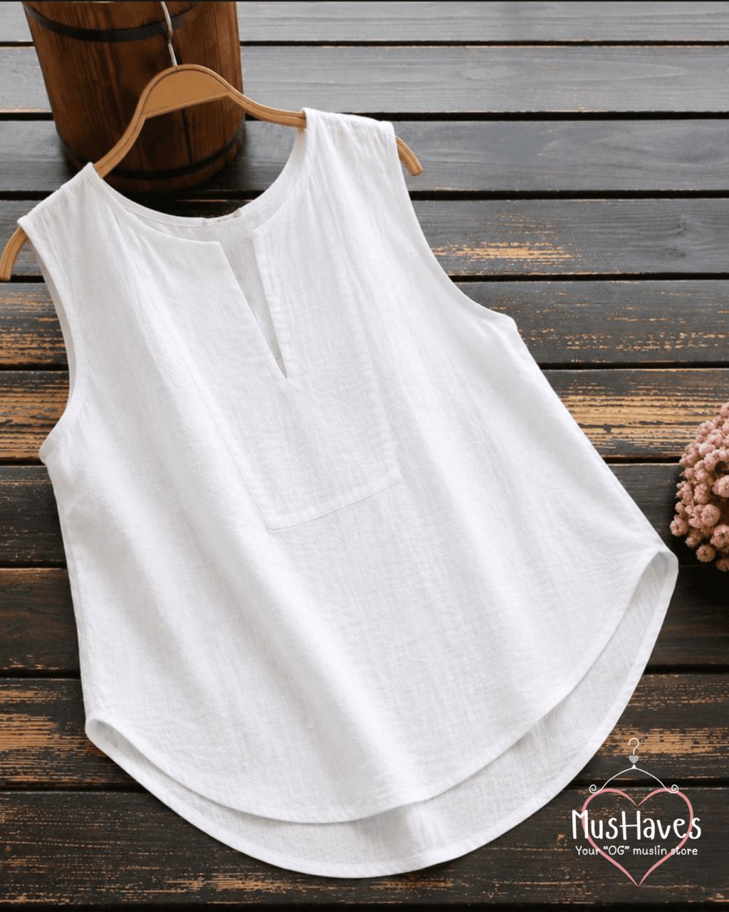Muslin Sleeveless Formal Top – Pearl White