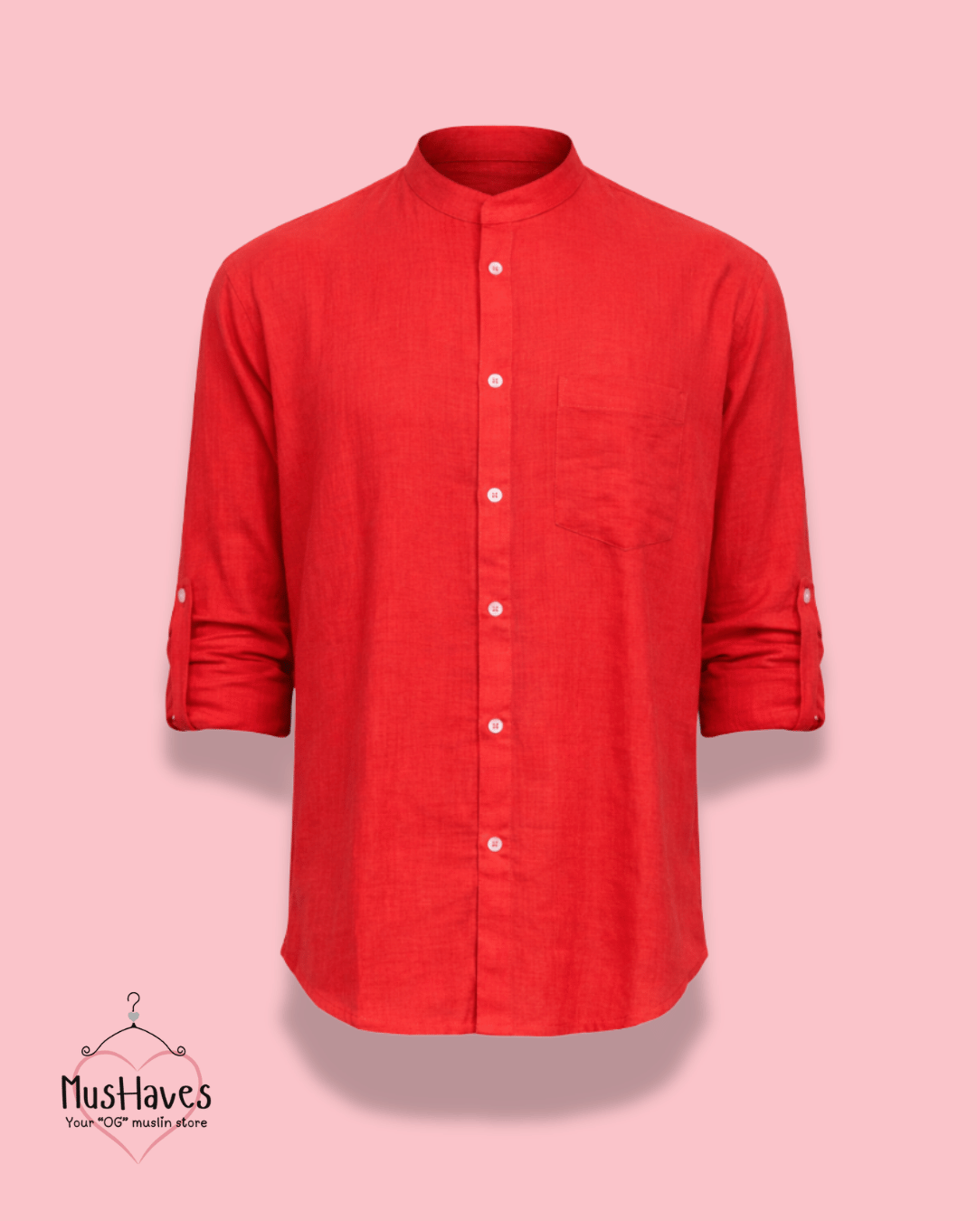 Premium Mulmul Mandarin Shirt | 100% Organic Cotton | Men | Mushaves Classic | Formal | Bright Red